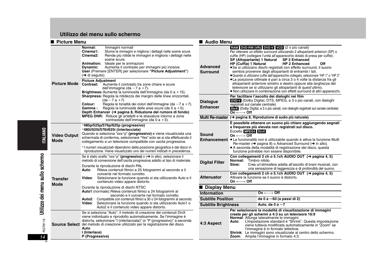 Utiliz zo d ei m en u s ullo s ch erm o, Utilizzo dei menu sullo schermo | Panasonic DVDS49 User Manual | Page 36 / 68