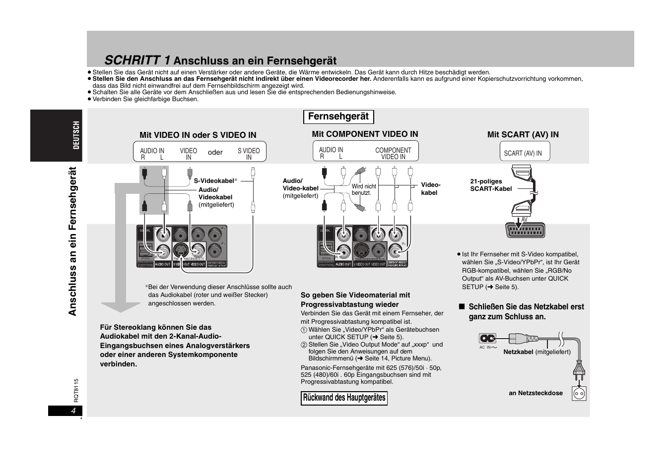 Schritt 1, Anschluss an ein fernsehgerät, Fernsehgerät | Rückwand des hauptgerätes | Panasonic DVDS49 User Manual | Page 4 / 68