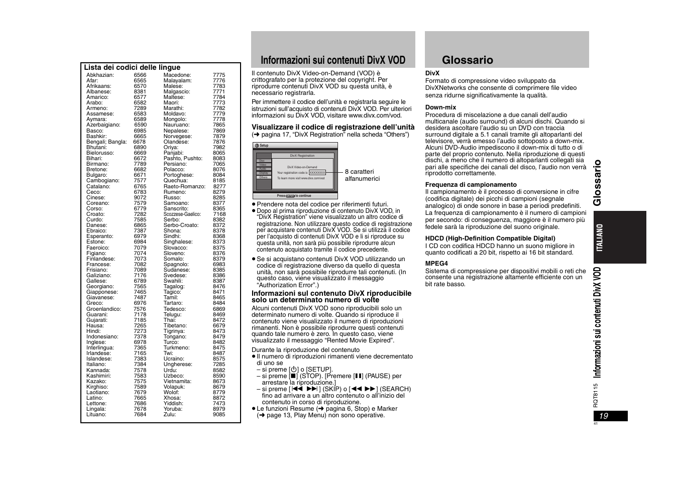 Informazioni sui contenuti divx vod, Glossario | Panasonic DVDS49 User Manual | Page 41 / 68