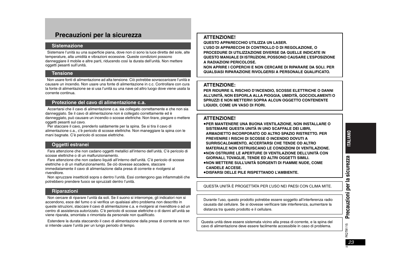 Precauzioni per la sicurezza | Panasonic DVDS49 User Manual | Page 45 / 68