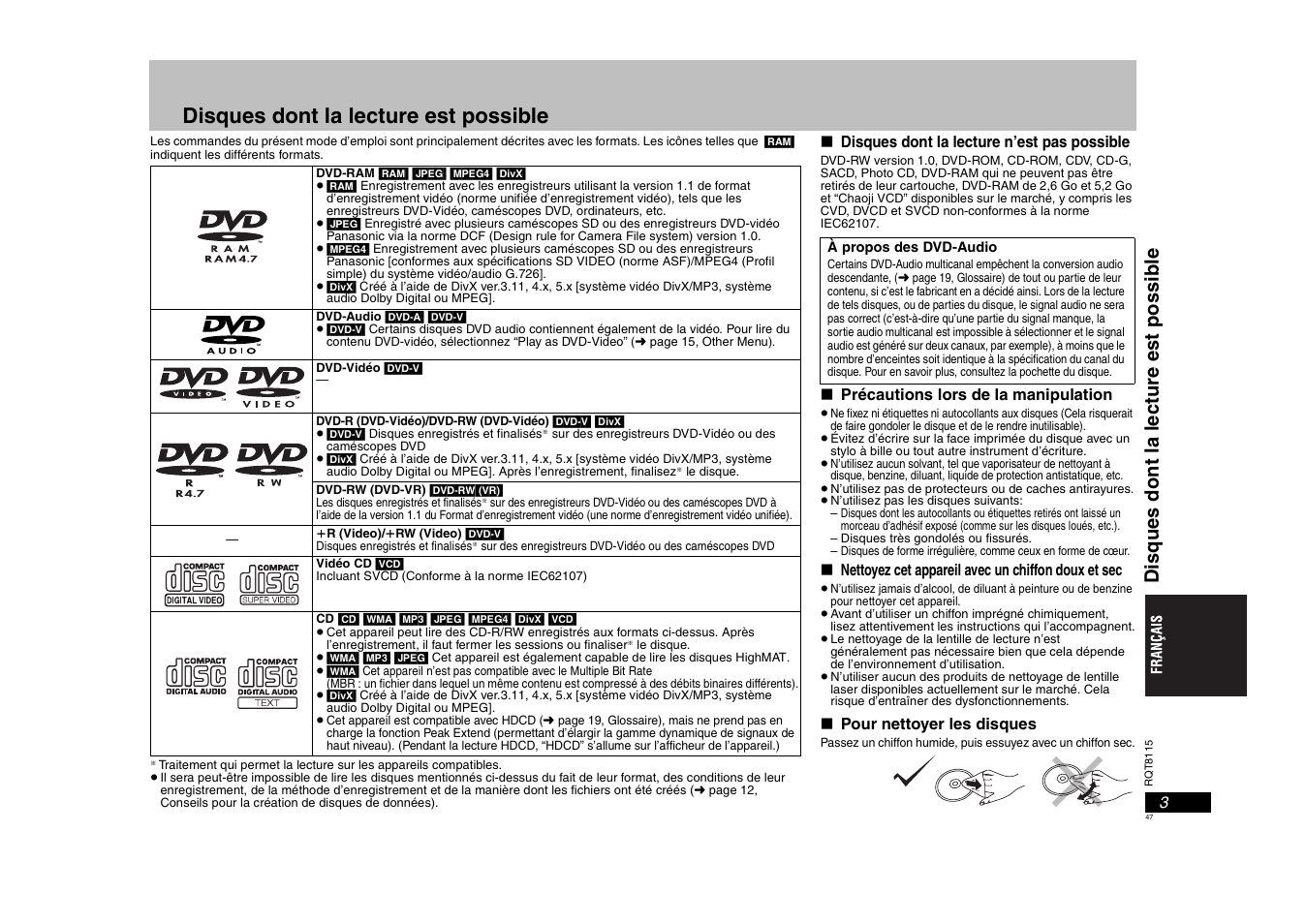 Disques dont la lecture est possible, Disq ues don t la lec ture est pos sib le | Panasonic DVDS49 User Manual | Page 47 / 68