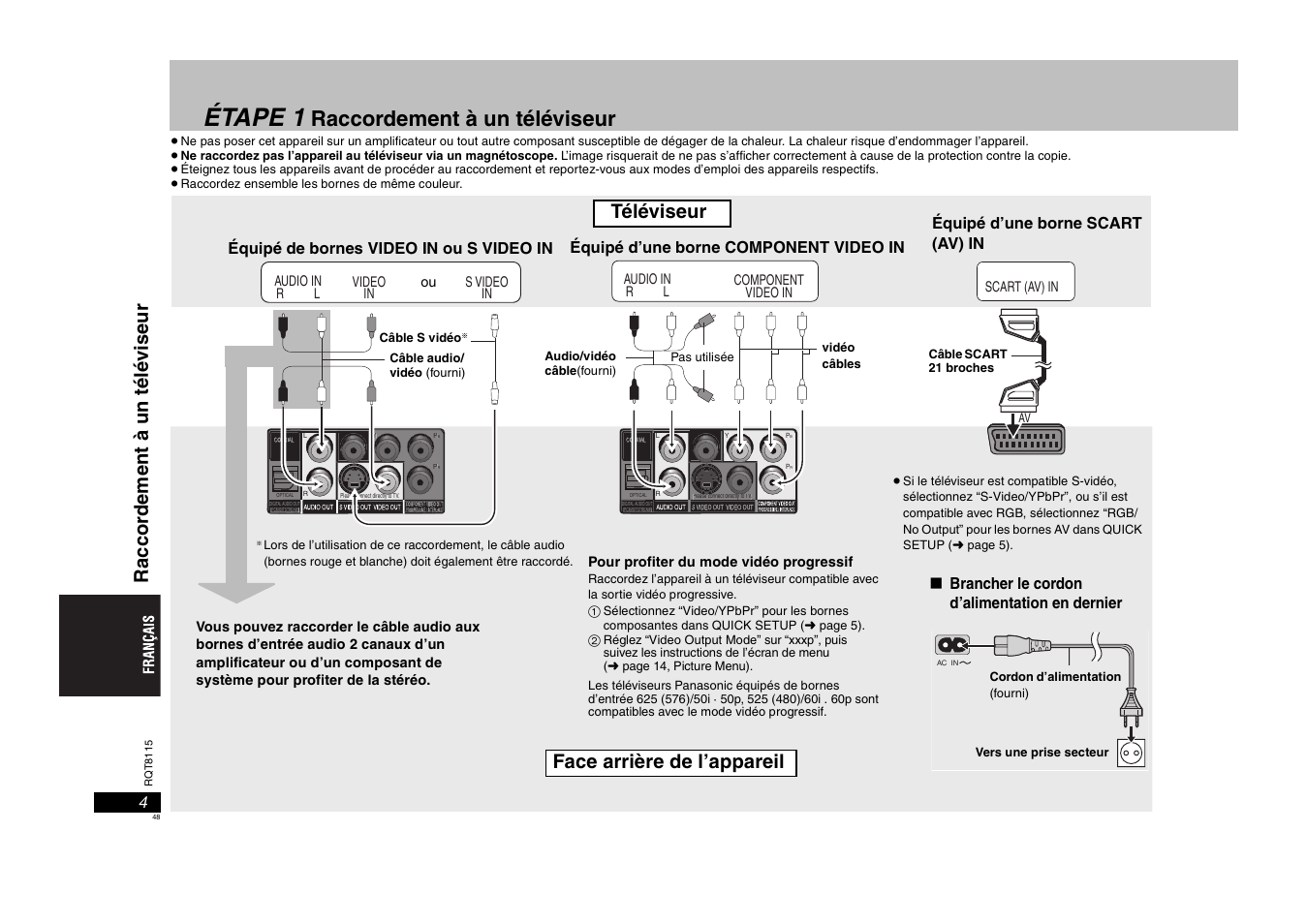 Étape 1, Raccordement à un téléviseur, Téléviseur | Face arrière de l’appareil | Panasonic DVDS49 User Manual | Page 48 / 68