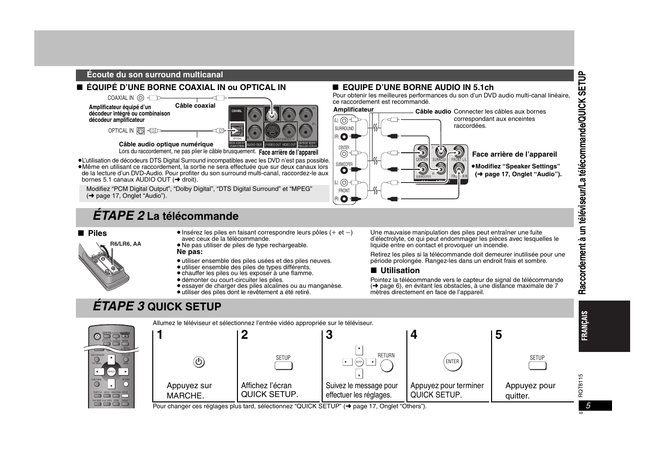 Étape 2, Étape 3, La télécommande | Quick setup | Panasonic DVDS49 User Manual | Page 49 / 68