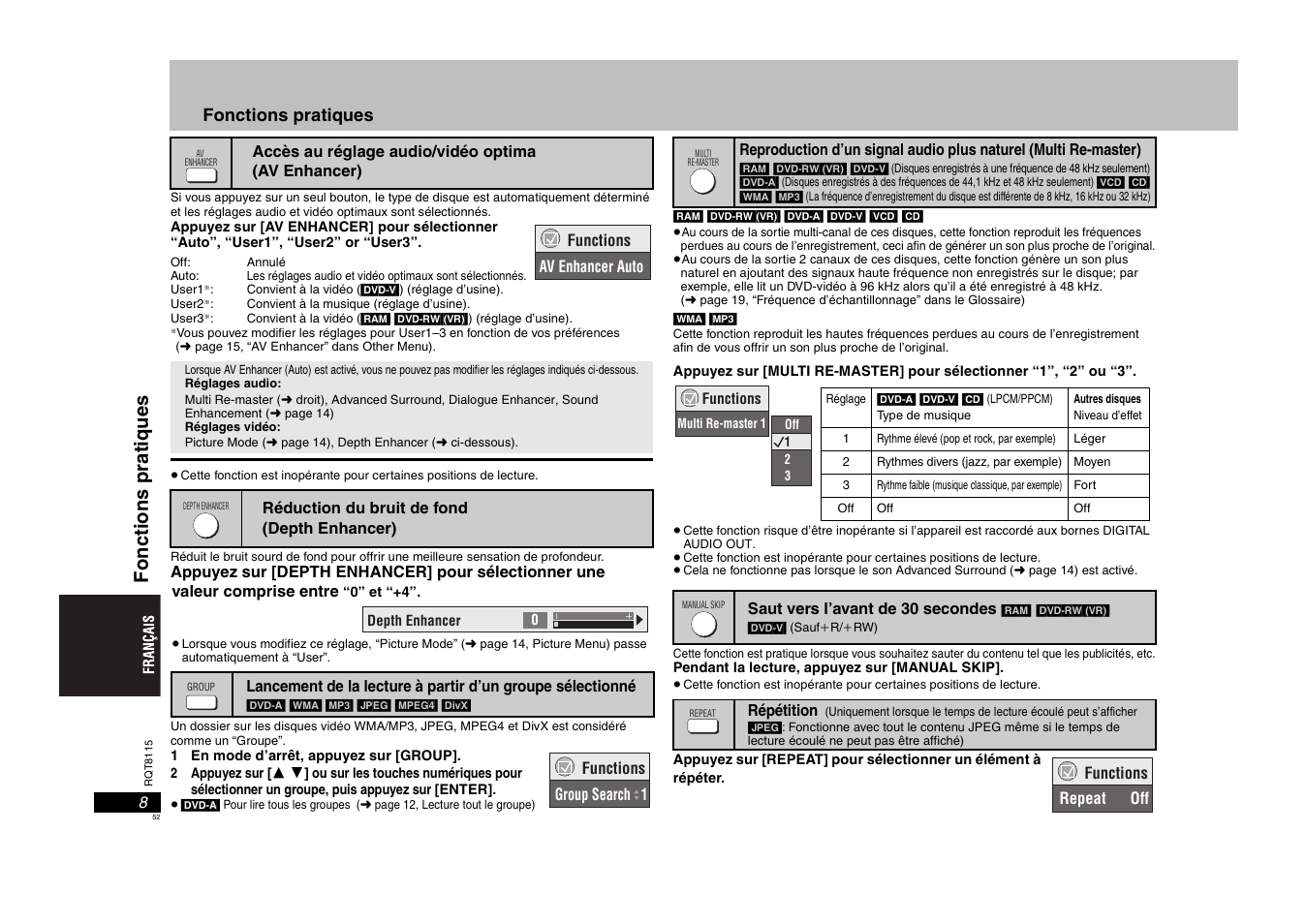 Fonc ti ons pr ati ques, Fonctions pratiques | Panasonic DVDS49 User Manual | Page 52 / 68