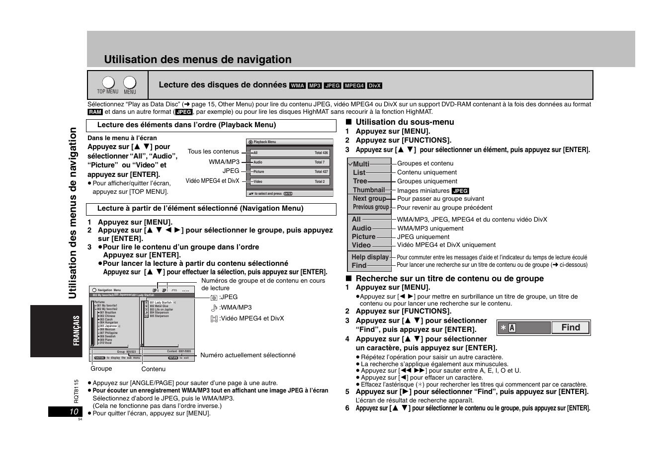 Utilisation des menus de navigation, Ut il isa ti on des men us de na vigat io n | Panasonic DVDS49 User Manual | Page 54 / 68