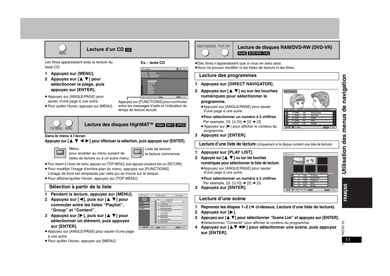 Lecture d’un cd, Lecture des disques highmat, Sélection à partir de la liste | Lecture de disques ram/dvd-rw (dvd-vr), Lecture d’une scène | Panasonic DVDS49 User Manual | Page 55 / 68