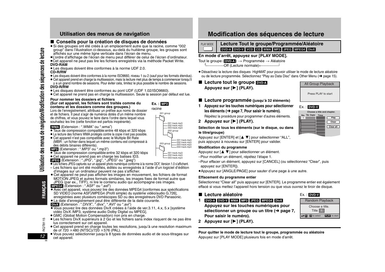 Modification des séquences de lecture, Utilisation des menus de navigation | Panasonic DVDS49 User Manual | Page 56 / 68