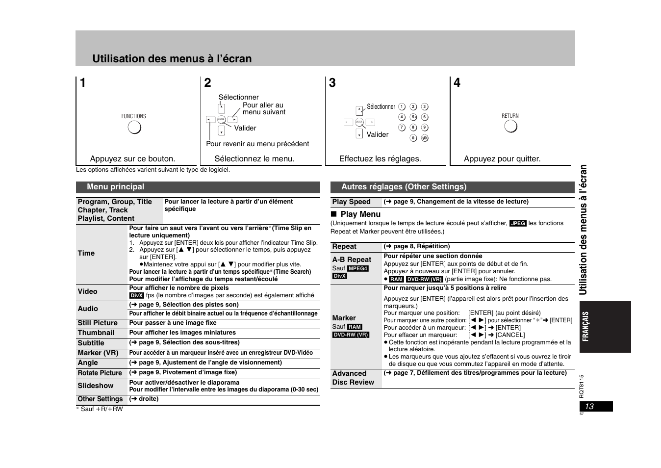 Utilisation des menus à l’écran | Panasonic DVDS49 User Manual | Page 57 / 68
