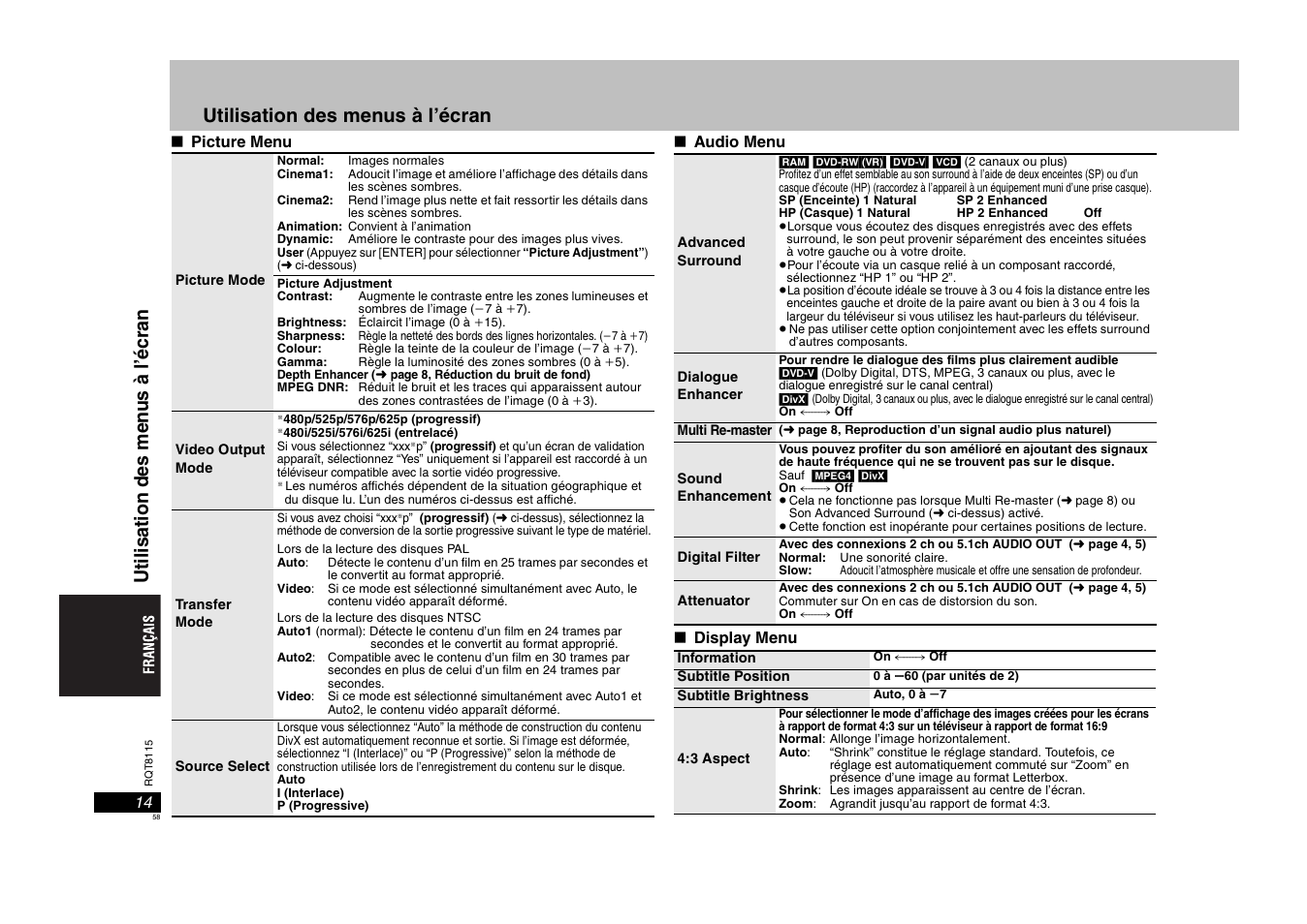 Utilisation des menus à l’écran | Panasonic DVDS49 User Manual | Page 58 / 68