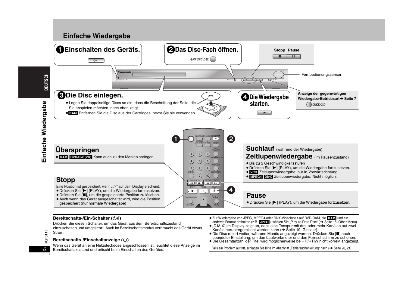 Einfache wiedergabe, Einschalten des geräts, Das disc-fach öffnen | Die disc einlegen, Die wiedergabe starten, Überspringen, Stopp, Suchlauf, Zeitlupenwiedergabe, Pause | Panasonic DVDS49 User Manual | Page 6 / 68