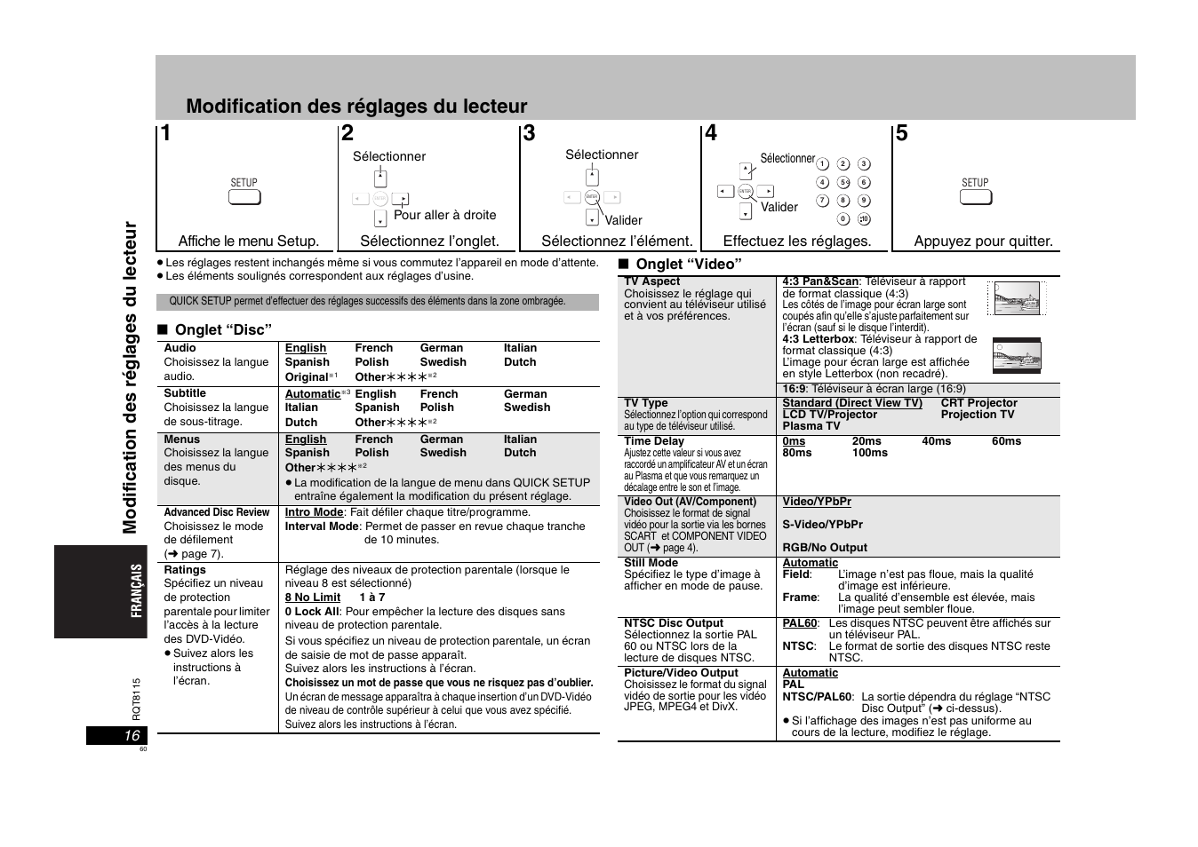 Modification des réglages du lecteur, Modi fi cati on des r égl a g es du l ecteur | Panasonic DVDS49 User Manual | Page 60 / 68