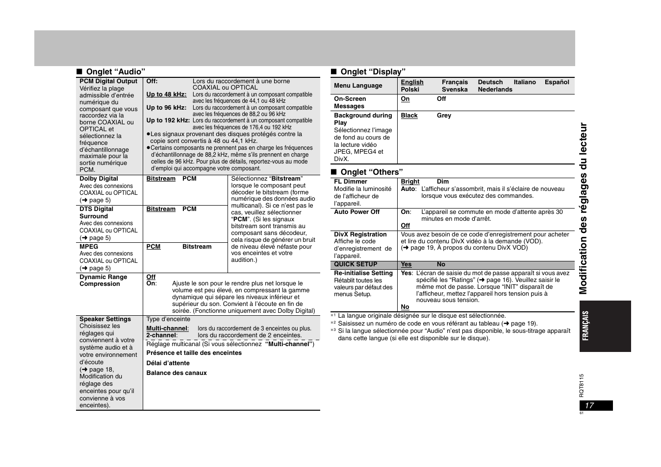 Modif ic a ti on des r égla g es du lect eur | Panasonic DVDS49 User Manual | Page 61 / 68