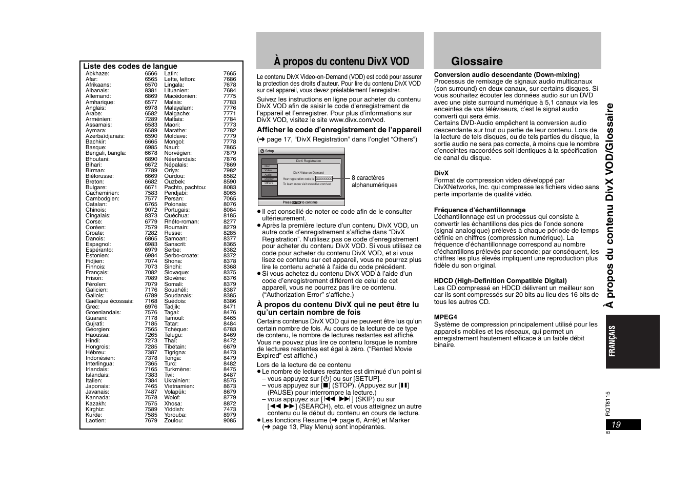 À propos du contenu divx vod, Glossaire, À pr opos d u cont en u d ivx v o d/gl ossair e | Panasonic DVDS49 User Manual | Page 63 / 68