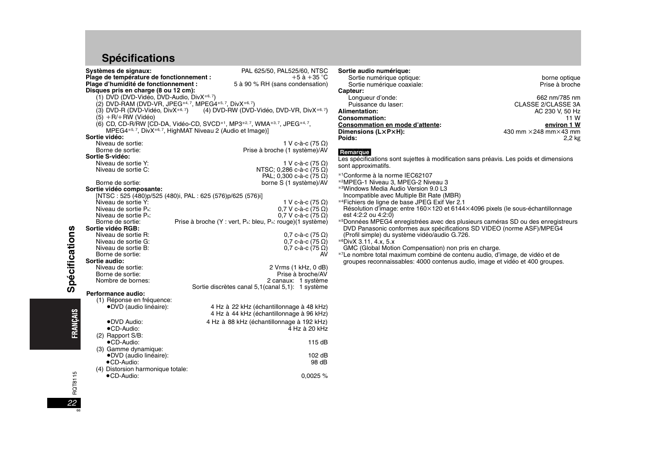 Spécifications, Spéci fi cat ions | Panasonic DVDS49 User Manual | Page 66 / 68