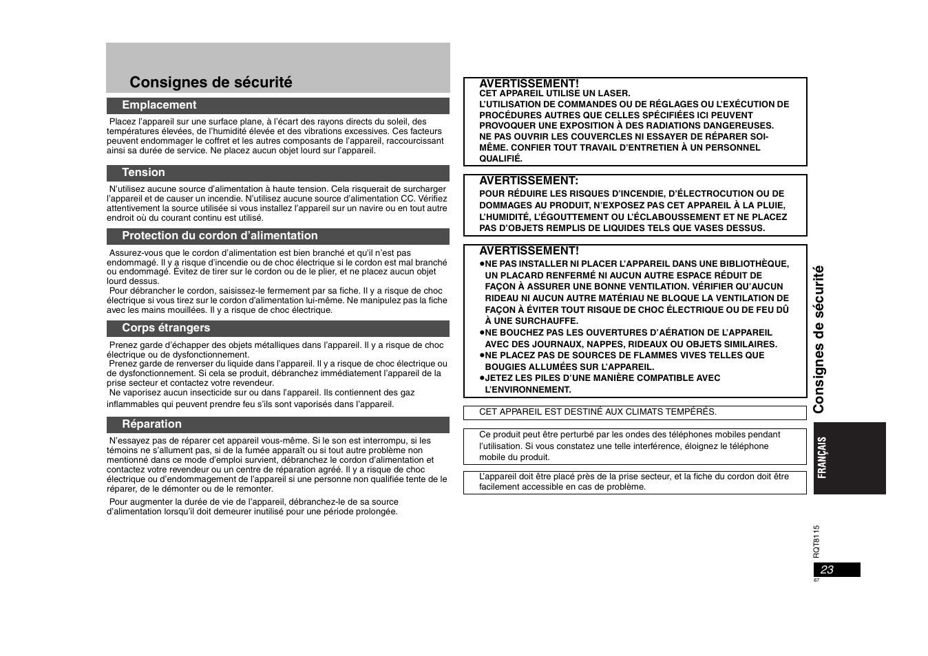 Consignes de sécurité, Consi gnes d e sécu rit й | Panasonic DVDS49 User Manual | Page 67 / 68