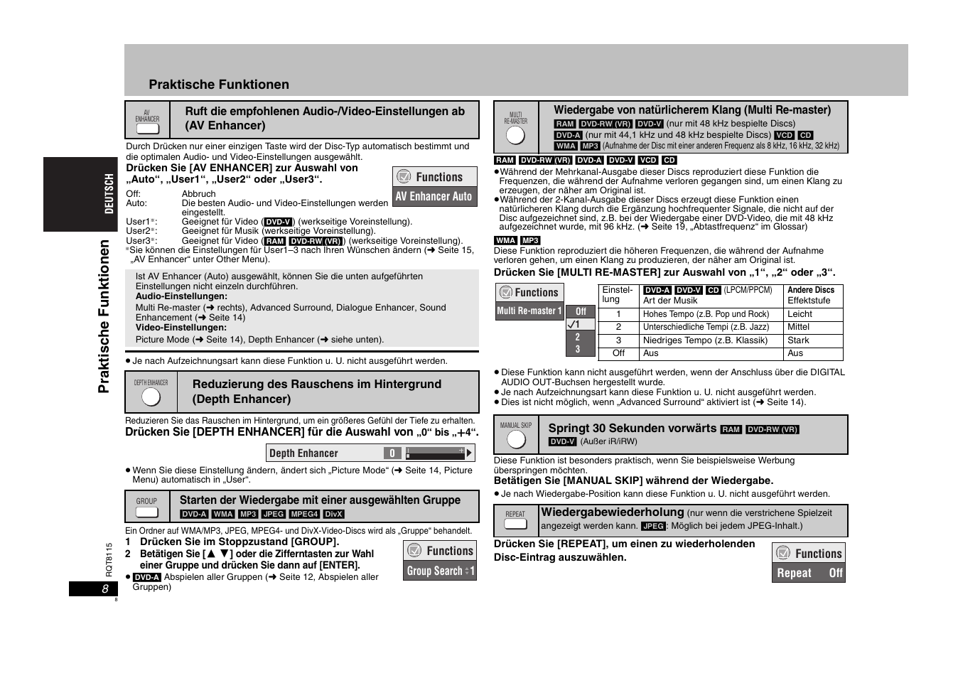 Prakt isc he funkt ione n, Praktische funktionen | Panasonic DVDS49 User Manual | Page 8 / 68