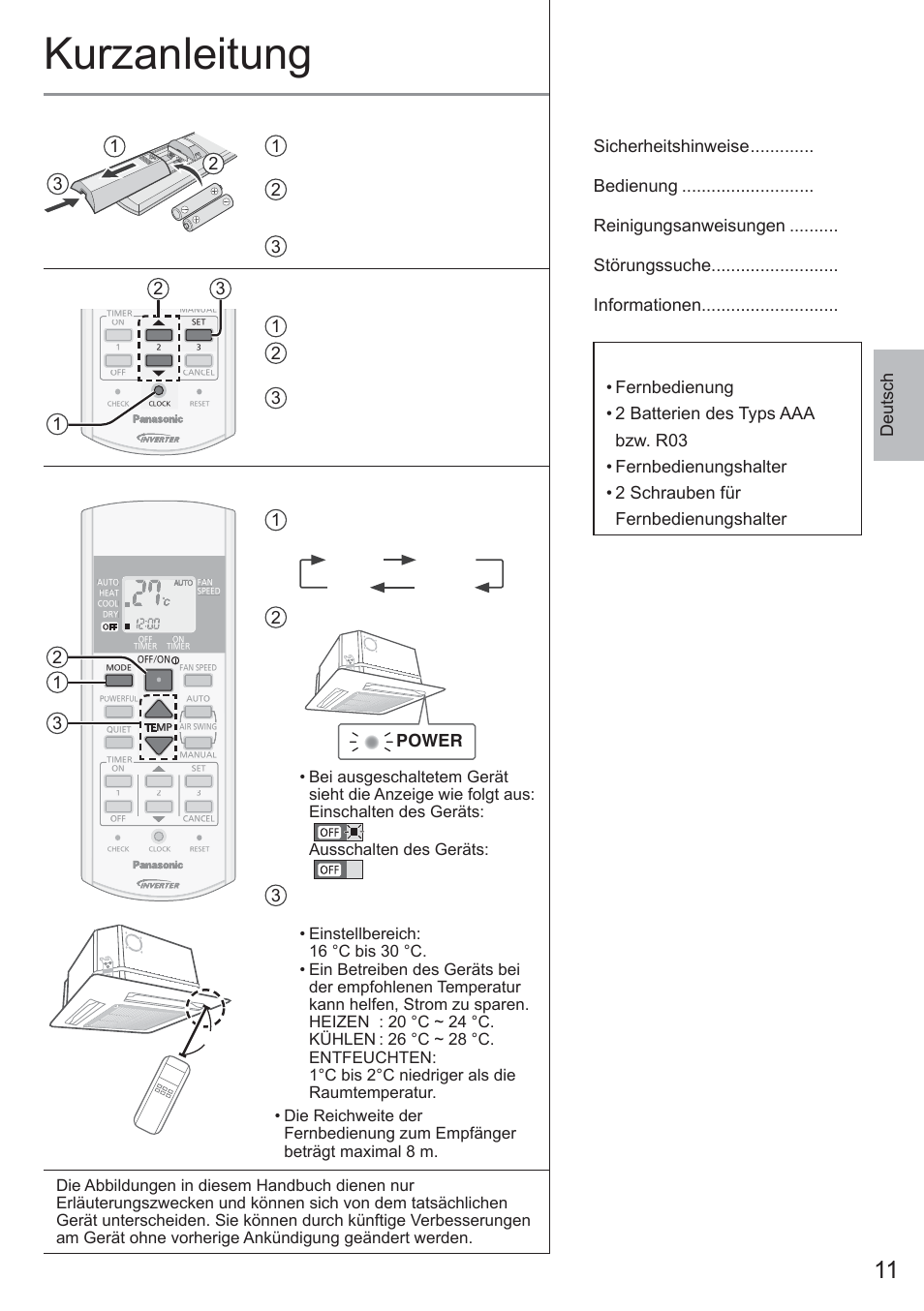 Kurzanleitung, Einlegen der batterien, Einstellen der uhr | Grundlegender betrieb, Inhalt, Zubehör, Deutsch, Dry auto heat cool 2, Power, Deckel der fernbedienung nach unten wegziehen | Panasonic CU2E15PBE User Manual | Page 11 / 80