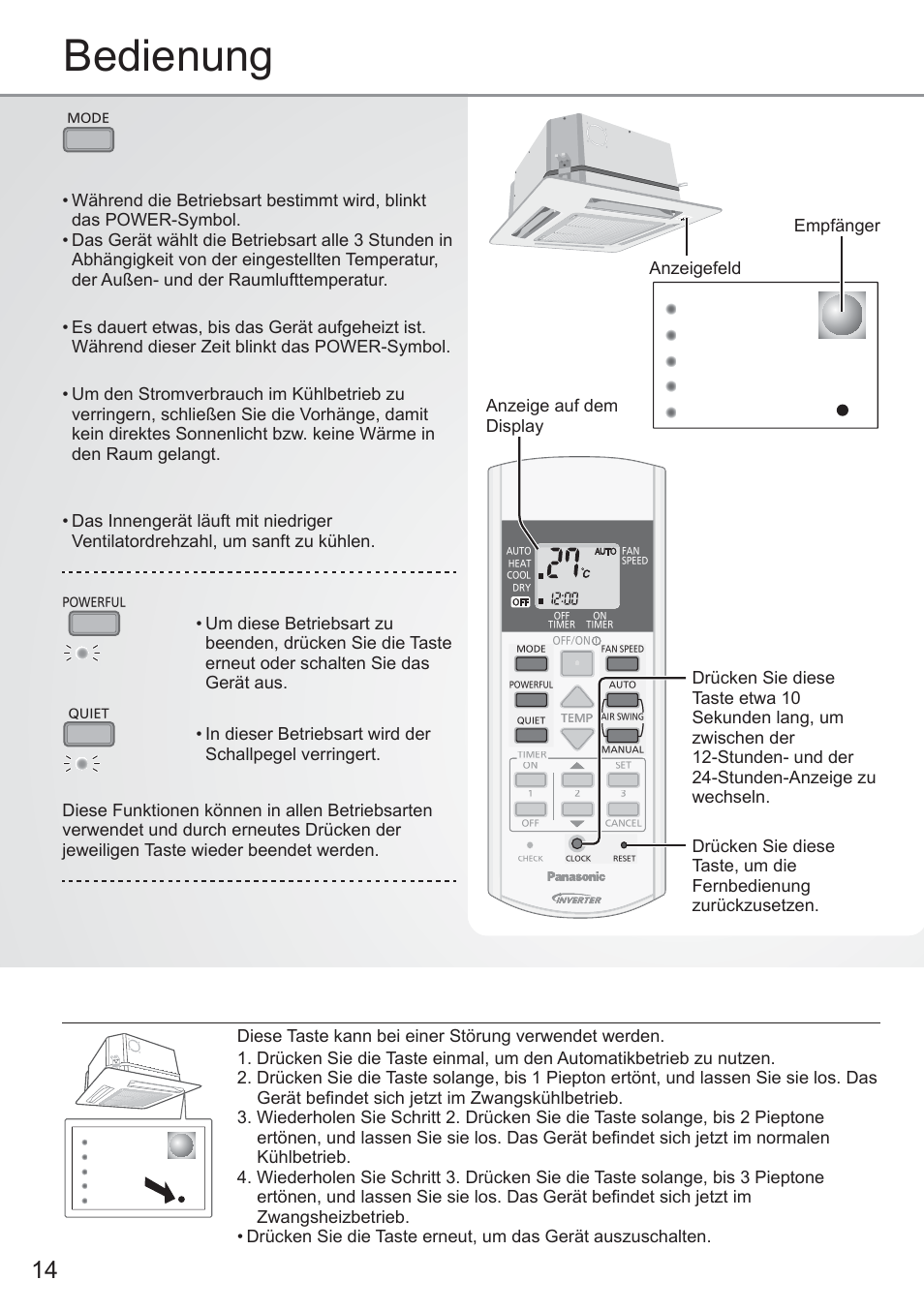 Bedienung, Taste auto off/on, Einstellen der betriebsart | Panasonic CU2E15PBE User Manual | Page 14 / 80