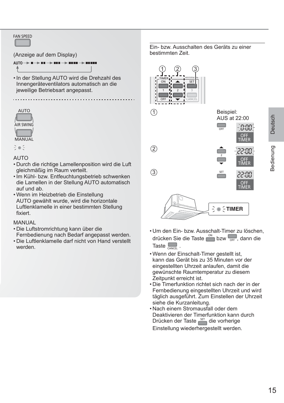 Einstellen des timers, Einstellen der ventilatordrehzahl, Einstellen der vertikalen zuluftrichtung | Panasonic CU2E15PBE User Manual | Page 15 / 80