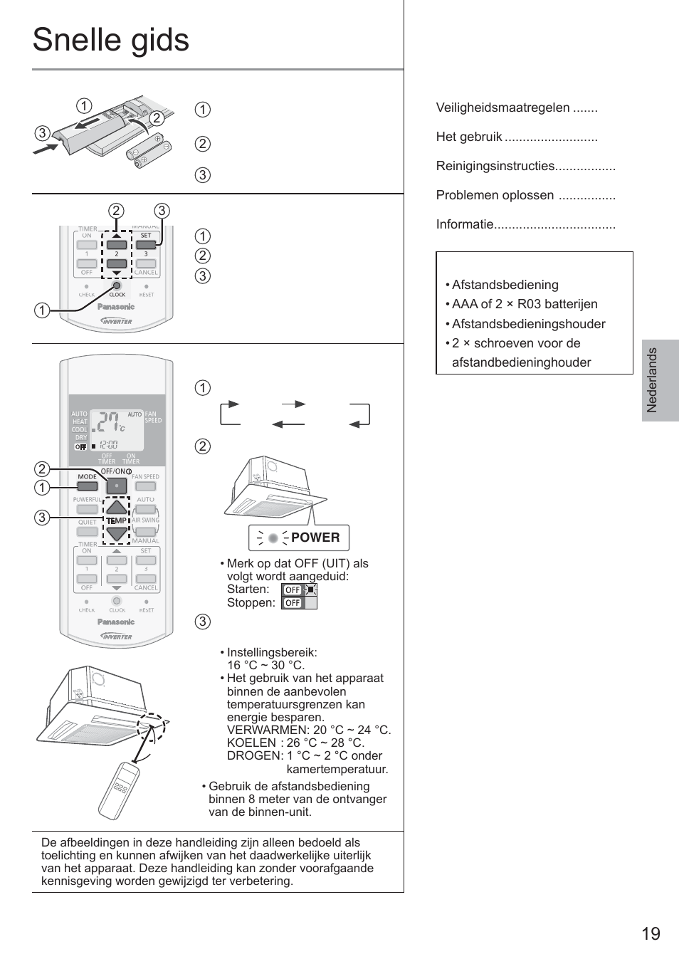 Snelle gids, De batterijen plaatsen, Instellen van de klok | Eenvoudige bediening, Inhoudsopgave, Accesoires, Nederlands, Dry auto heat cool 2, Power, Open het klepje van de afstandsbediening | Panasonic CU2E15PBE User Manual | Page 19 / 80