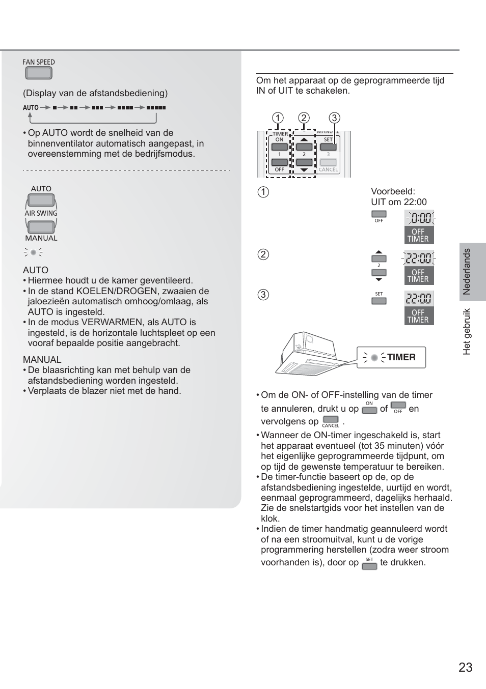 De timer instellen, Ventilatiesnelheid selecteren, Voor het verticaal afstellen van de luchtstroom | Panasonic CU2E15PBE User Manual | Page 23 / 80