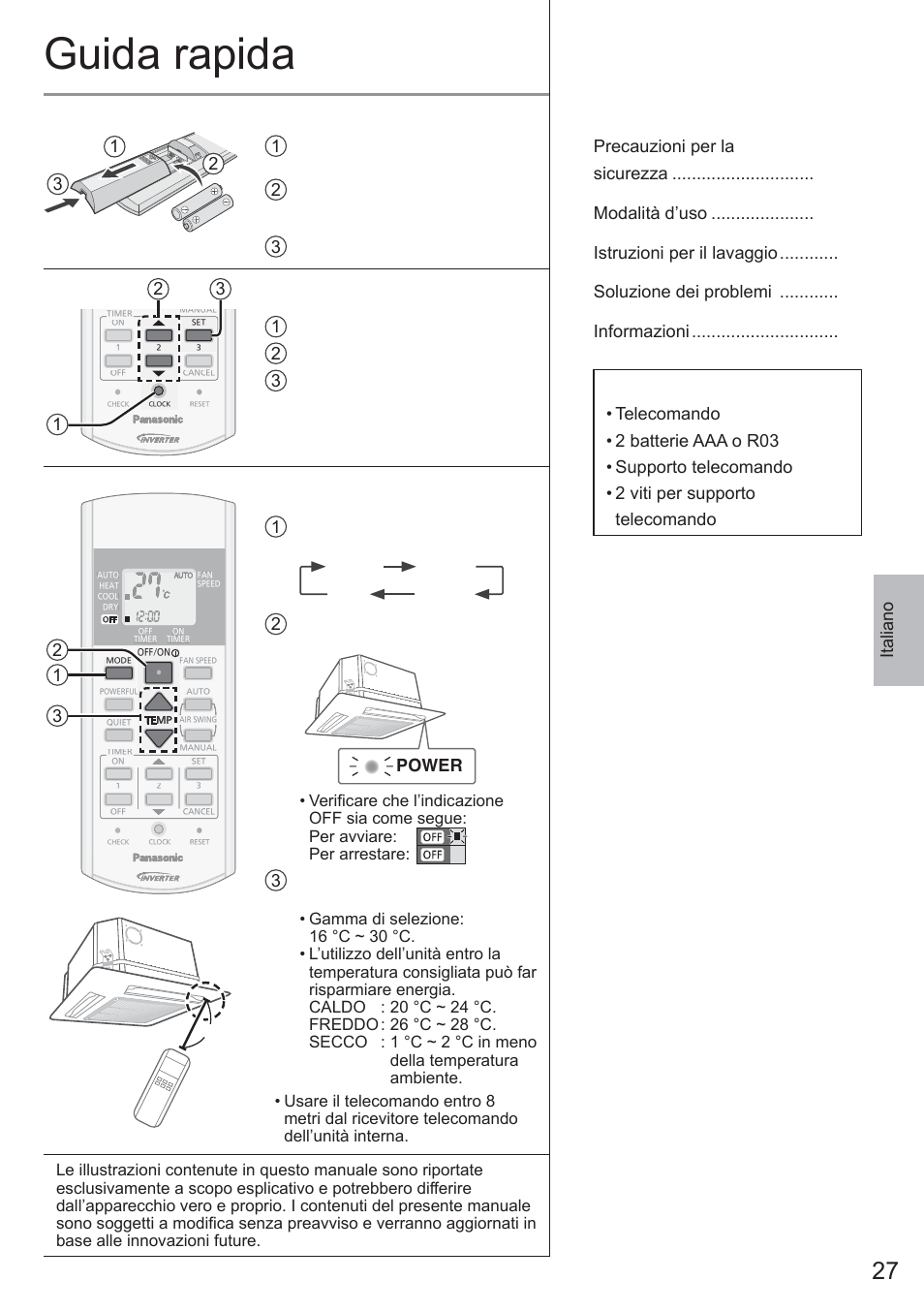 Guida rapida, Inserimento delle batterie, Impostazione dell’orario | Funzionamento di base, Indice, Accessori, Italiano, Dry auto heat cool 2, Power, Estrarre il coperchio posteriore del telecomando | Panasonic CU2E15PBE User Manual | Page 27 / 80