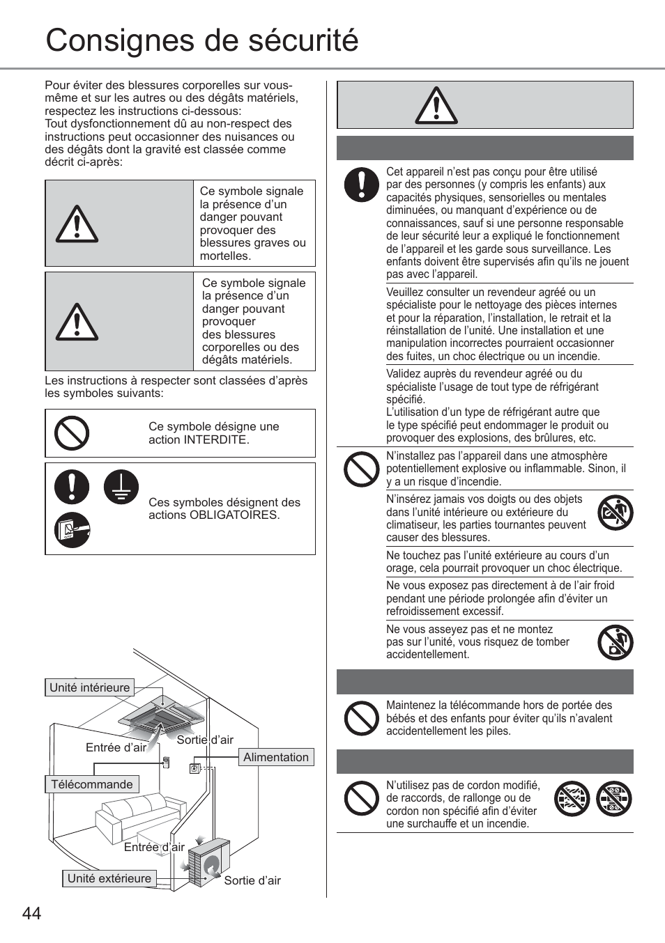 Consignes de sécurité | Panasonic CU2E15PBE User Manual | Page 44 / 80