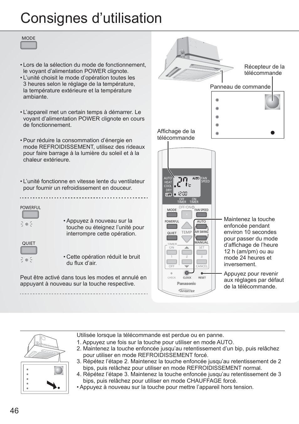 Consignes d’utilisation, Touche auto off/on (marche/arrêt automatique), Pour sélectionner un mode de fonctionnement | Panasonic CU2E15PBE User Manual | Page 46 / 80