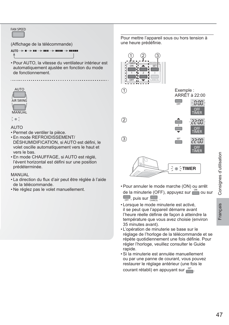 Pour régler l’heure, Pour sélectionner la vitesse du ventilateur, Français | 2 réglez l’heure, 3 confi rmez, Ou sur, Puis sur | Panasonic CU2E15PBE User Manual | Page 47 / 80
