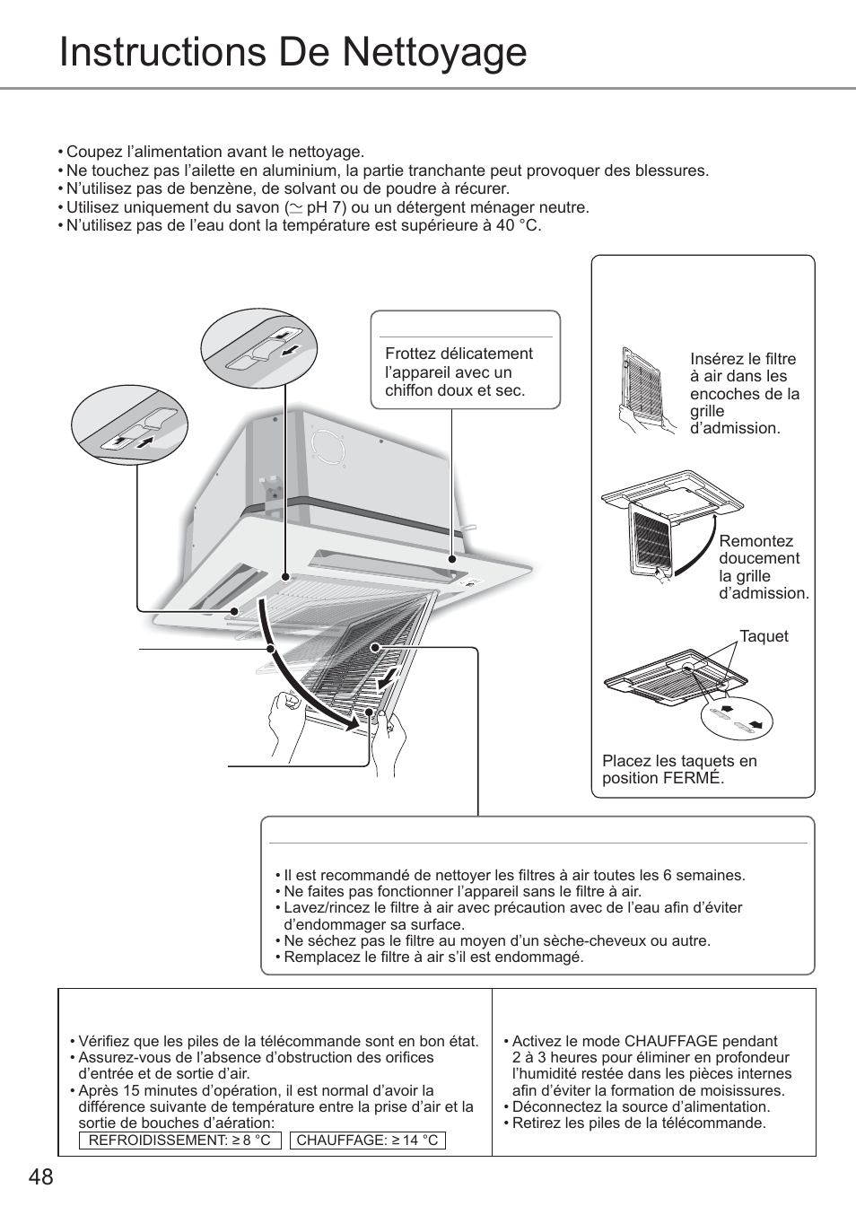 Instructions de nettoyage, Supprimez le fi ltre à air, Installation du fi ltre à air | Panasonic CU2E15PBE User Manual | Page 48 / 80