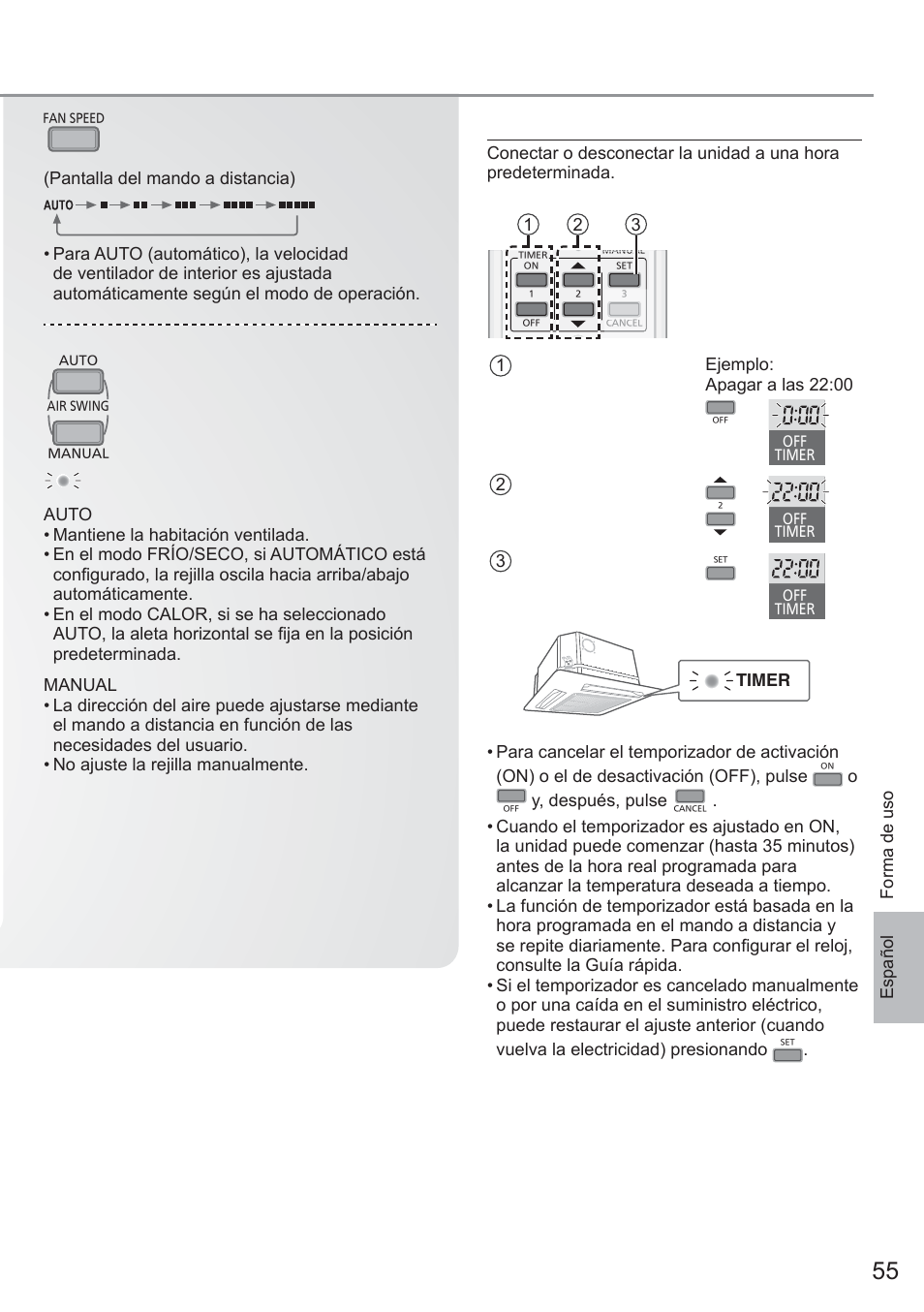 Para ajustar el temporizador, Para seleccionar la velocidad del ventilador, Español | 2 ajuste la hora, 3 confi rmar, Y, después, pulse | Panasonic CU2E15PBE User Manual | Page 55 / 80