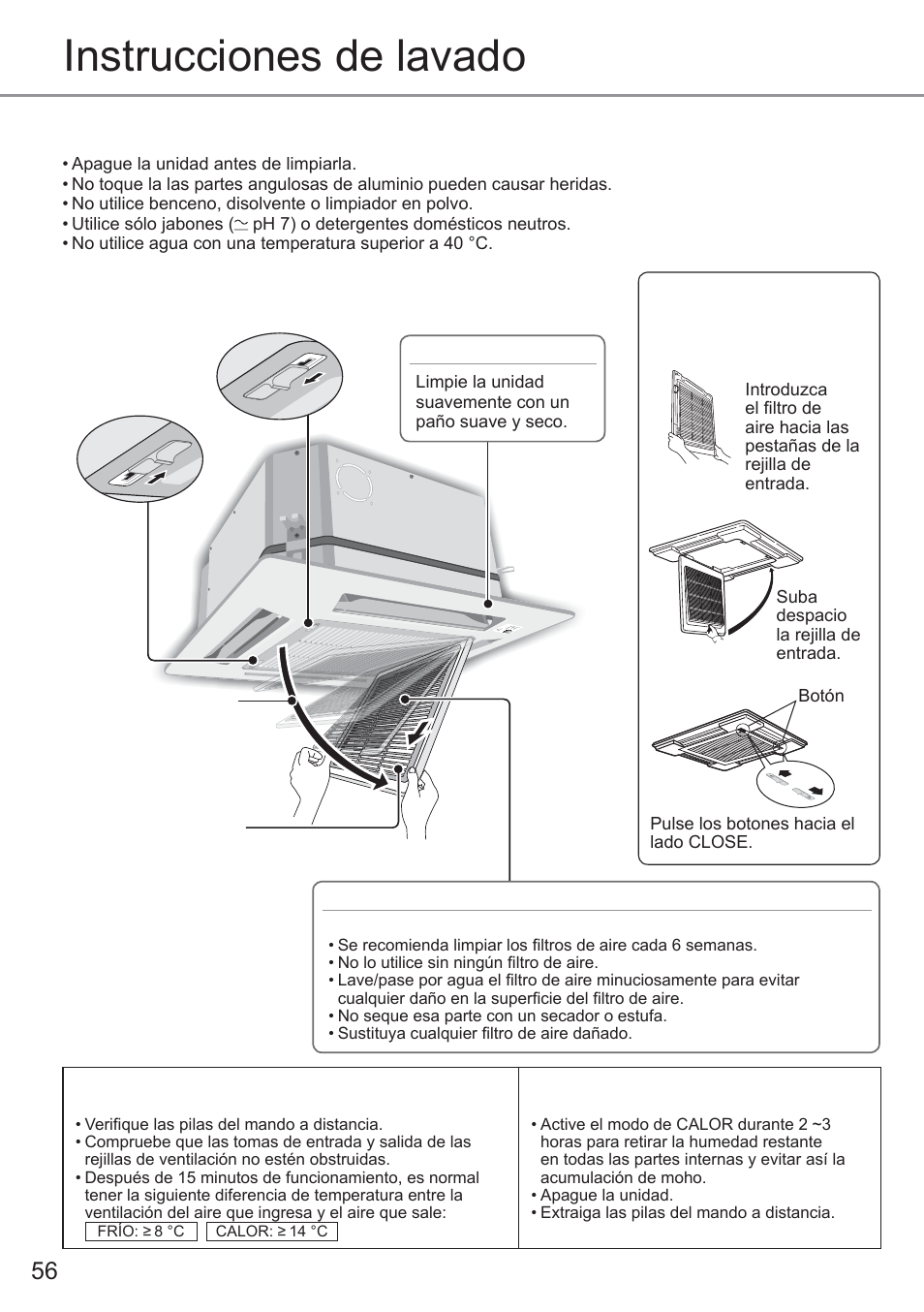 Instrucciones de lavado, Eliminar el fi ltro de aire, Instalación del fi ltro de aire | Panasonic CU2E15PBE User Manual | Page 56 / 80