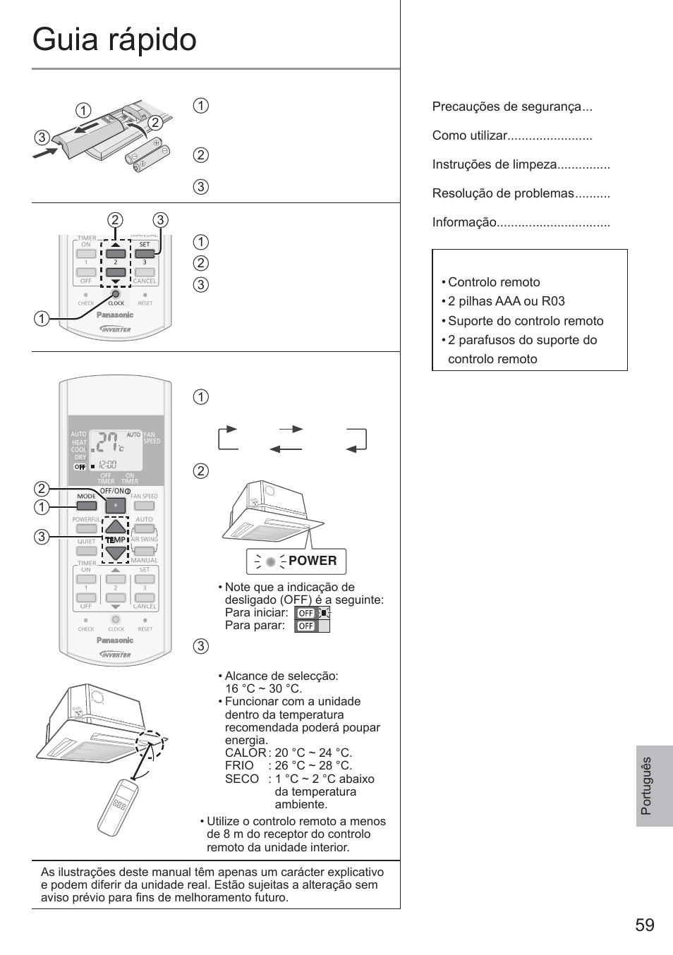 Guia rápido, Inserir as pilhas, Confi gurar o relógio | Funcionamento básico, Índice, Acessórios, Português, 1 prima clock 2 confi gure a hora 3 confi rmar, 3 programe a temperatura desejada | Panasonic CU2E15PBE User Manual | Page 59 / 80