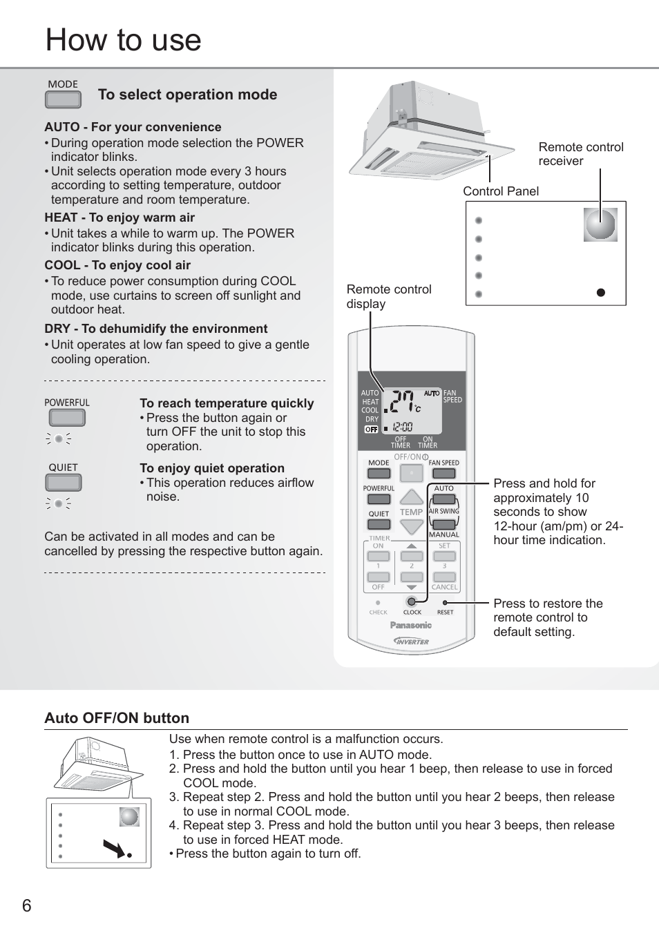 How to use, Auto off/on button | Panasonic CU2E15PBE User Manual | Page 6 / 80