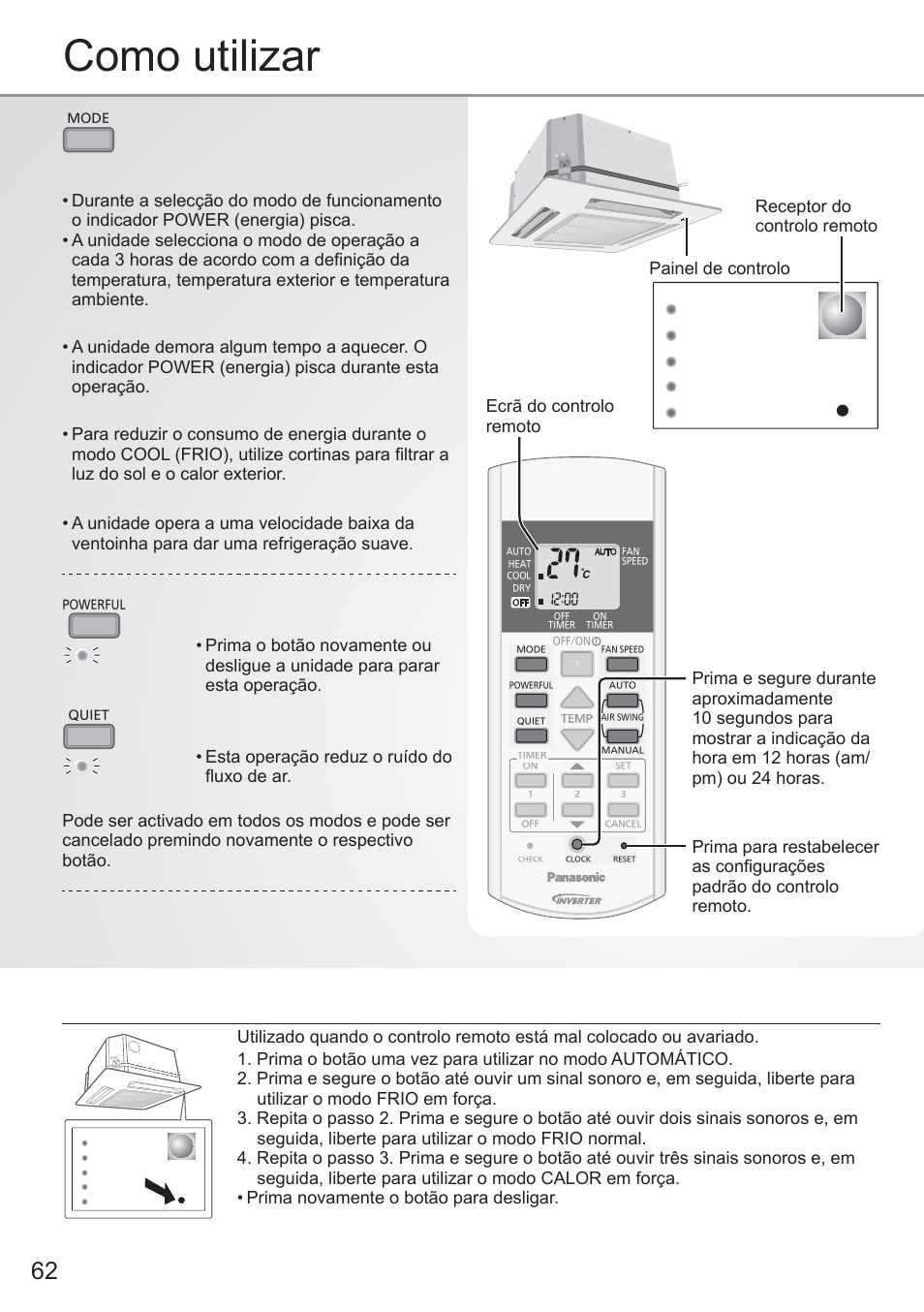 Como utilizar, Botão auto off/on, Para seleccionar o modo de operação | Panasonic CU2E15PBE User Manual | Page 62 / 80