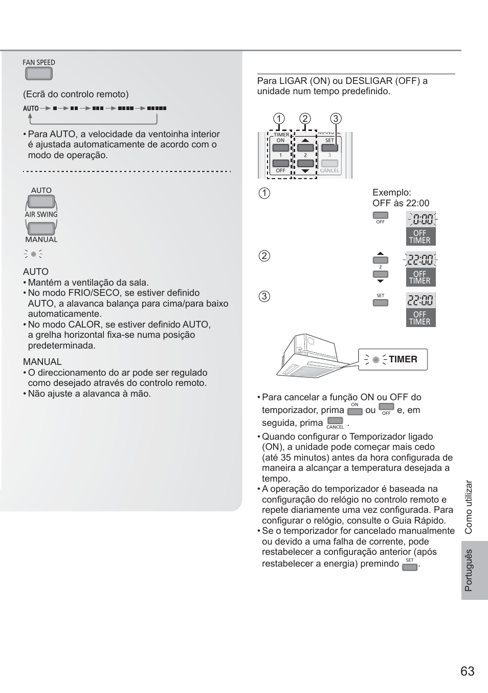 Como confi gurar o temporizador, Para seleccionar a velocidade do ventilador, Para ajustar a direcção do fl uxo de ar vertical | Panasonic CU2E15PBE User Manual | Page 63 / 80