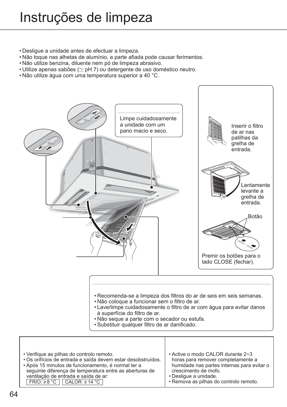 Instruções de limpeza, Remover o fi ltro de ar, Instalação do fi ltro de ar | Panasonic CU2E15PBE User Manual | Page 64 / 80