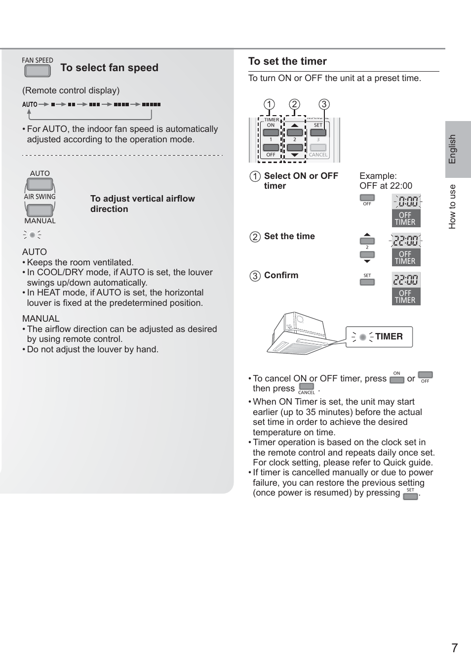 English, 2 set the time, 3 confi rm | Then press | Panasonic CU2E15PBE User Manual | Page 7 / 80