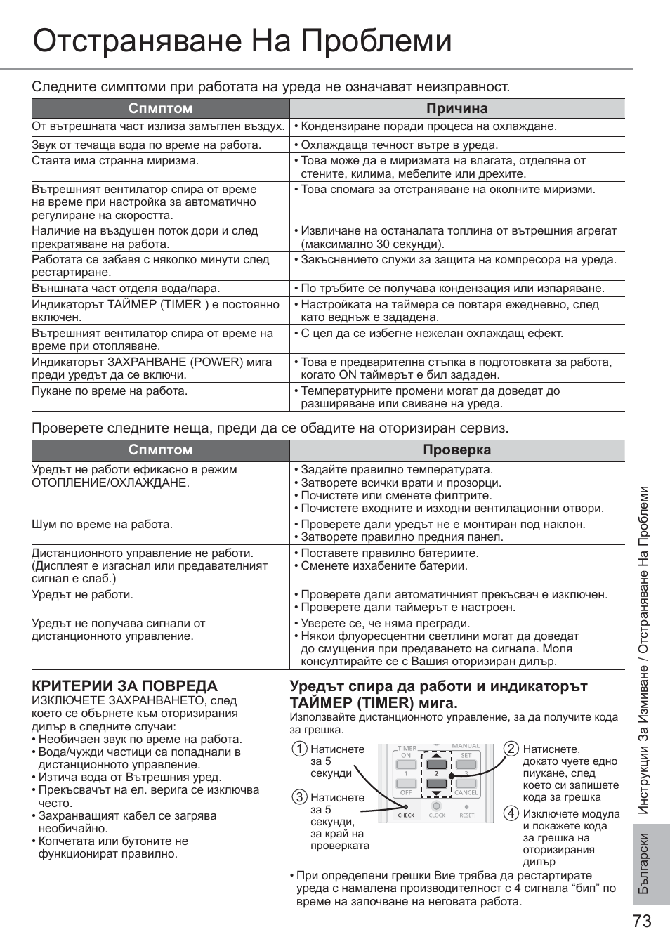 Отстраняване на проблеми, Критерии за повреда | Panasonic CU2E15PBE User Manual | Page 73 / 80