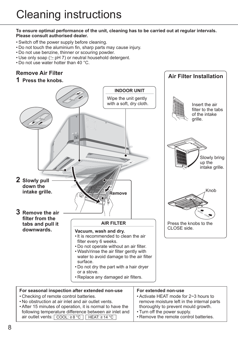Cleaning instructions, Remove air filter, Air filter installation | Panasonic CU2E15PBE User Manual | Page 8 / 80