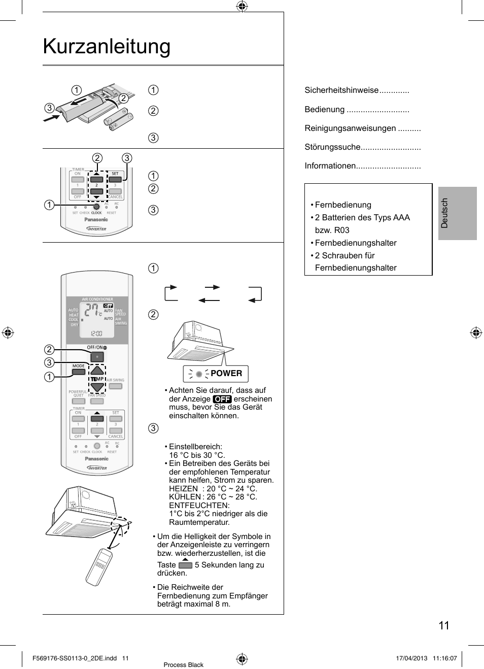 Kurzanleitung, Einlegen der batterien, Einstellen der uhr | Grundlegender betrieb, Inhalt, Zubehör, Deutsch, Dry auto heat cool 2, Power, Deckel der fernbedienung nach unten wegziehen | Panasonic CU3E18PBE User Manual | Page 11 / 80