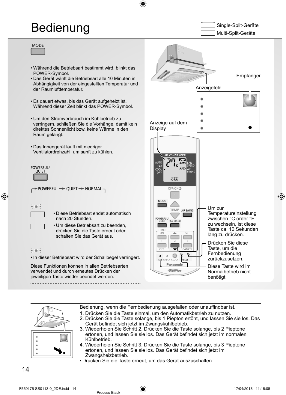 Bedienung, Taste auto off/on, Einstellen der betriebsart | Empfänger, Single-split-geräte, Multi-split-geräte | Panasonic CU3E18PBE User Manual | Page 14 / 80