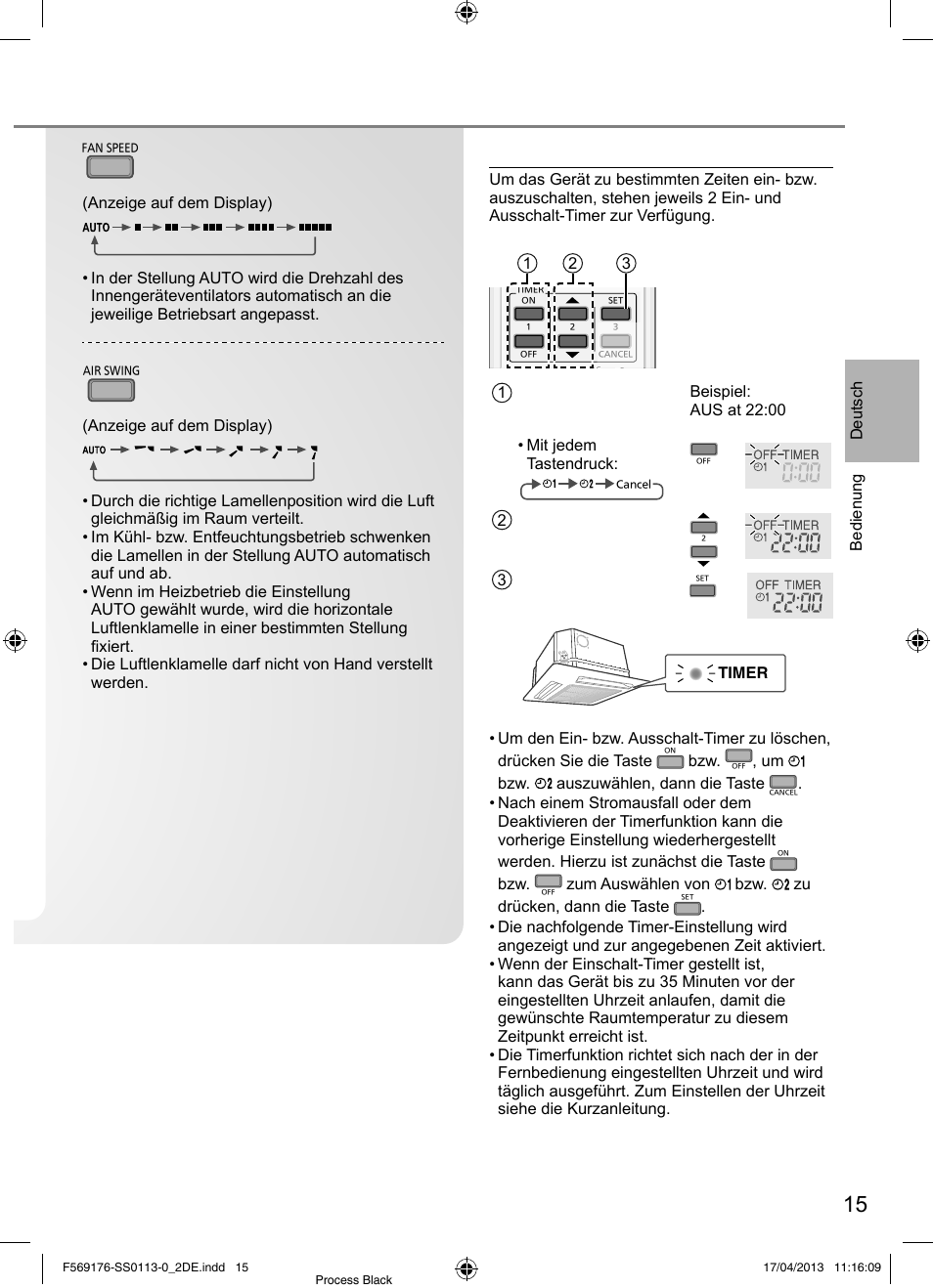 Einstellen des timers, Einstellen der ventilatordrehzahl, Einstellen der vertikalen zuluftrichtung | Panasonic CU3E18PBE User Manual | Page 15 / 80