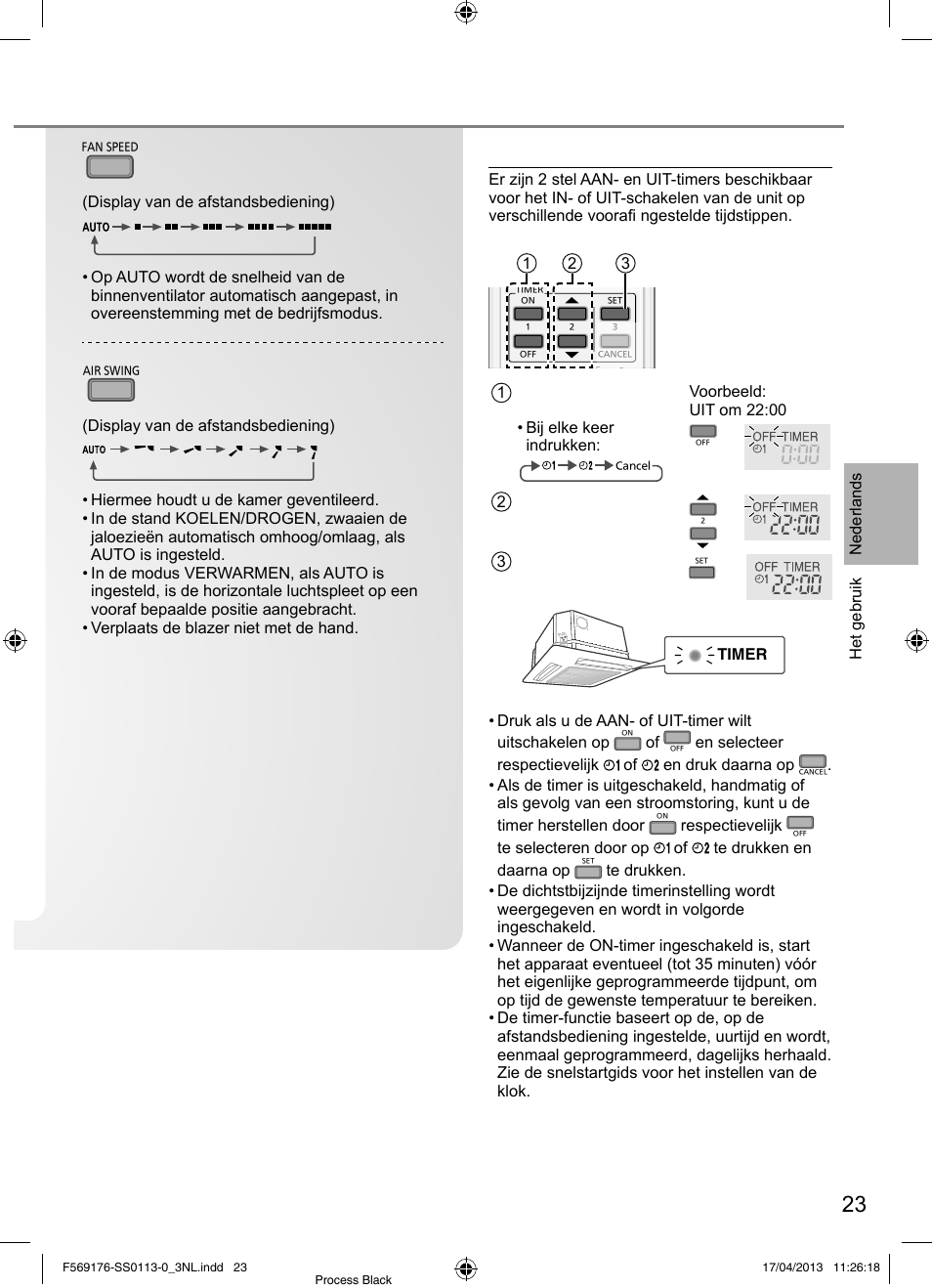 De timer instellen, Ventilatiesnelheid selecteren, Voor het verticaal afstellen van de luchtstroom | Panasonic CU3E18PBE User Manual | Page 23 / 80