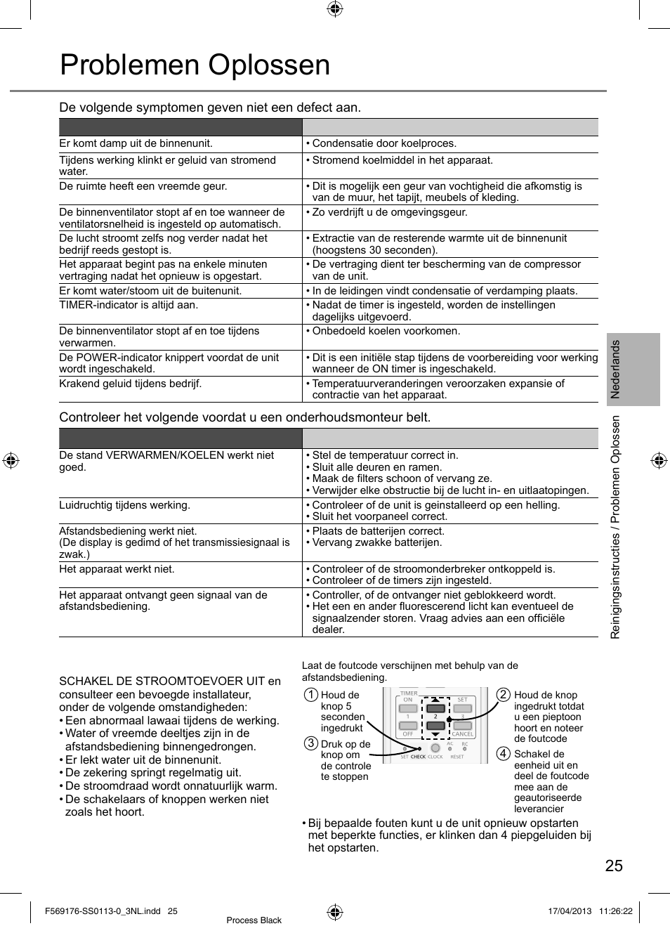 Problemen oplossen, Omstandigheden waarin u hulp moet inroepen, De unit stopt en de timer-indicator knippert | Panasonic CU3E18PBE User Manual | Page 25 / 80