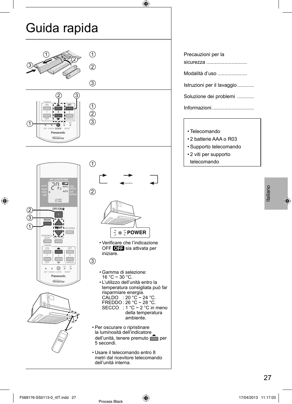 Guida rapida, Inserimento delle batterie, Impostazione dell’orario | Funzionamento di base, Indice, Accessori, Italiano, Dry auto heat cool 2, Power, Estrarre il coperchio posteriore del telecomando | Panasonic CU3E18PBE User Manual | Page 27 / 80