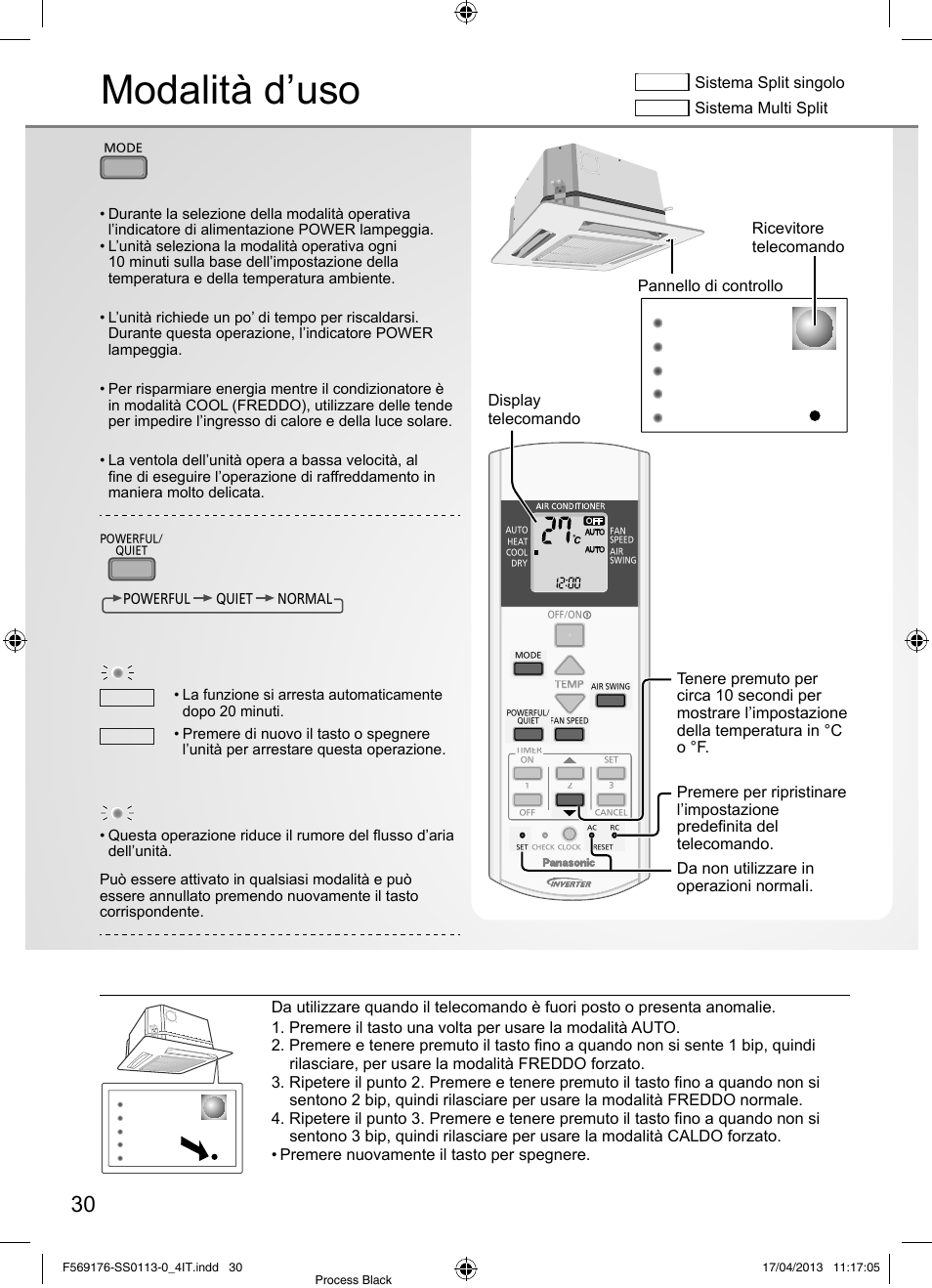 Modalità d’uso, Tasto auto off/on, Per selezionare la modalità operativa | Per alternare tra il livello potente e silenzioso, Ricevitore telecomando, Sistema split singolo, Sistema multi split | Panasonic CU3E18PBE User Manual | Page 30 / 80