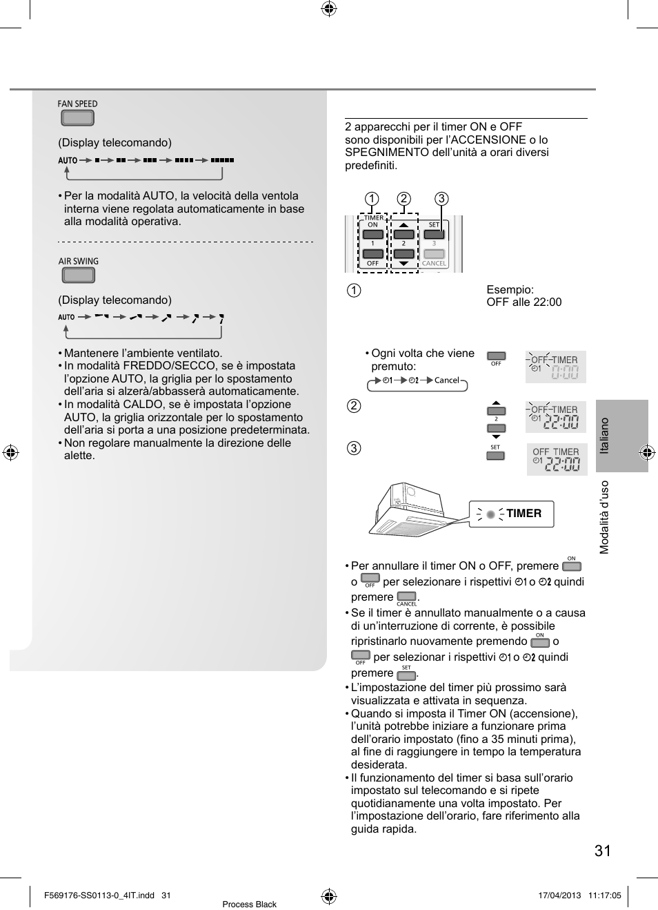 Impostazione timer, Selezione della velocità ventola | Panasonic CU3E18PBE User Manual | Page 31 / 80