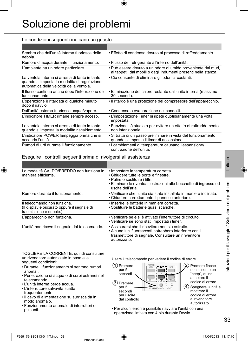 Soluzione dei problemi, Funzionamento anomalo, L’unità si arresta e l’indicatore timer lampeggia | Panasonic CU3E18PBE User Manual | Page 33 / 80