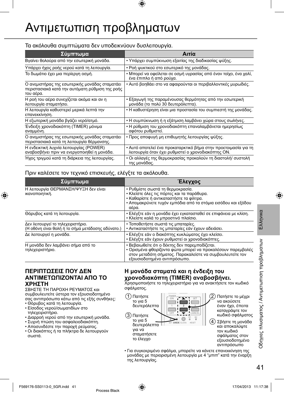 Αντιμετωπιση προβληματων, Περιπτωσεισ που δεν αντιμετωπιζονται απο το χρηστη | Panasonic CU3E18PBE User Manual | Page 41 / 80